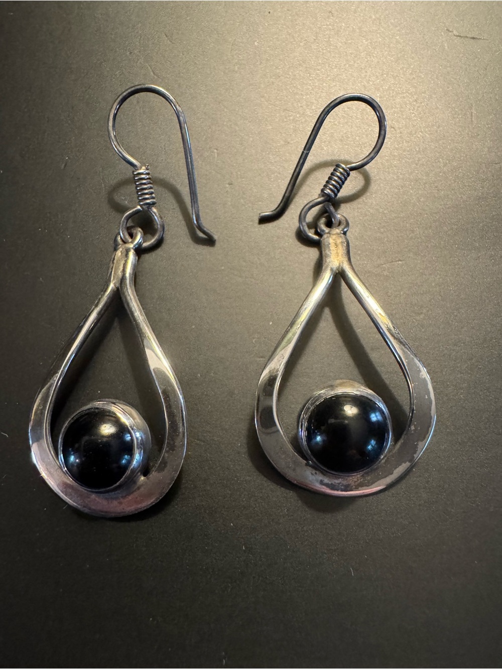 Sterling Silver 925 Black Onyx Modernist Teardrop Dangle Earrings 1.75”